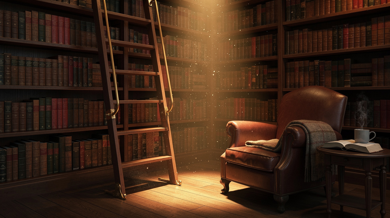 Cozy library shelves filled with mystery novels