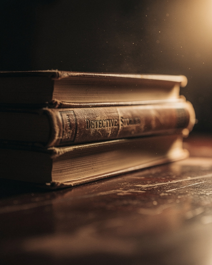 Stack of old hardcover detective books on a wooden table
